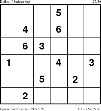 The grouppuzzles.com Difficult Sudoku-6up puzzle for Tuesday February 18, 2025