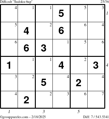 The grouppuzzles.com Difficult Sudoku-6up puzzle for Tuesday February 18, 2025 with all 7 steps marked