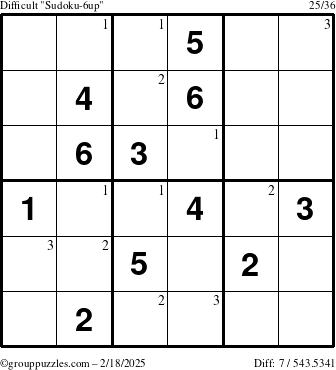 The grouppuzzles.com Difficult Sudoku-6up puzzle for Tuesday February 18, 2025 with the first 3 steps marked