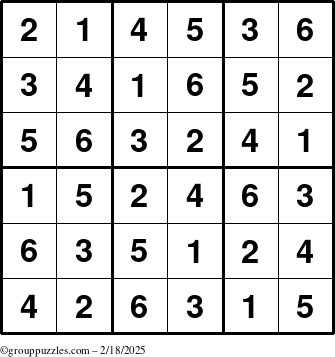 The grouppuzzles.com Answer grid for the Sudoku-6up puzzle for Tuesday February 18, 2025