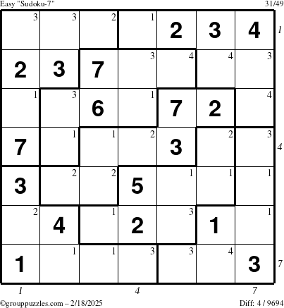 The grouppuzzles.com Easy Sudoku-7 puzzle for Tuesday February 18, 2025, suitable for printing, with all 4 steps marked