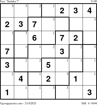 The grouppuzzles.com Easy Sudoku-7 puzzle for Tuesday February 18, 2025 with the first 3 steps marked