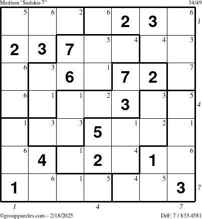 The grouppuzzles.com Medium Sudoku-7 puzzle for Tuesday February 18, 2025 with all 7 steps marked