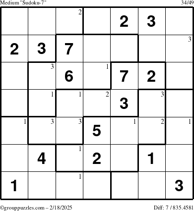 The grouppuzzles.com Medium Sudoku-7 puzzle for Tuesday February 18, 2025 with the first 3 steps marked