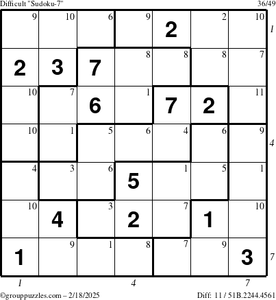 The grouppuzzles.com Difficult Sudoku-7 puzzle for Tuesday February 18, 2025 with all 11 steps marked