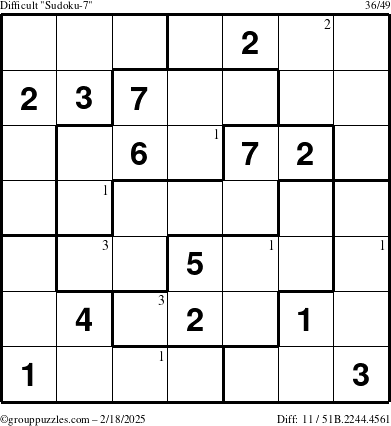 The grouppuzzles.com Difficult Sudoku-7 puzzle for Tuesday February 18, 2025 with the first 3 steps marked