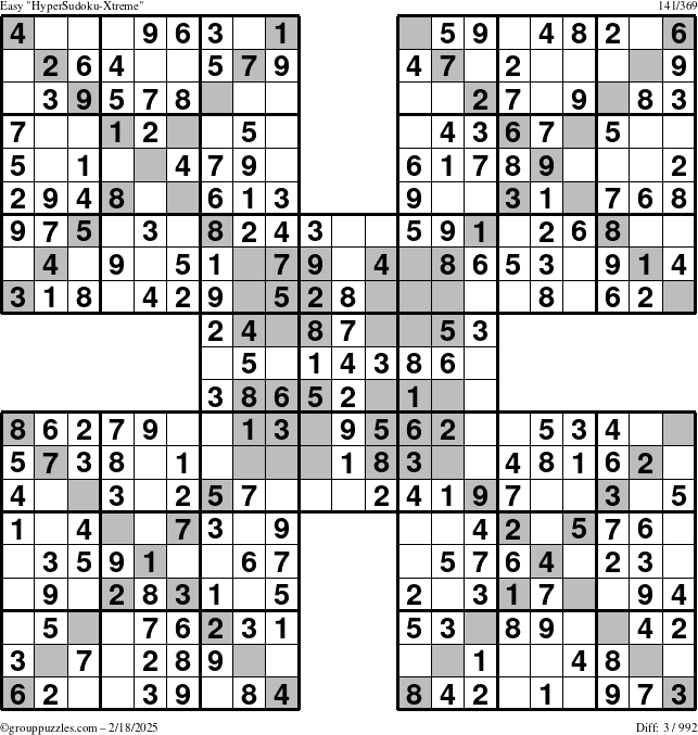 The grouppuzzles.com Easy HyperSudoku-Xtreme puzzle for Tuesday February 18, 2025