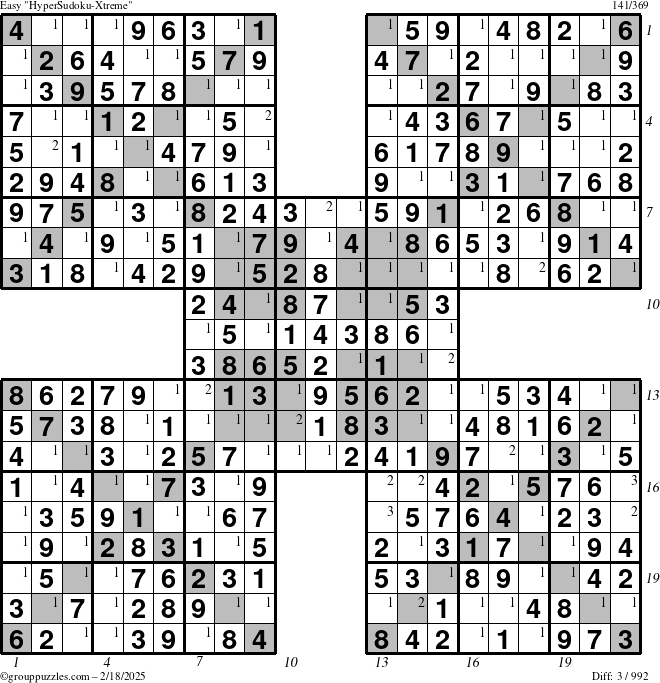 The grouppuzzles.com Easy HyperSudoku-Xtreme puzzle for Tuesday February 18, 2025 with all 3 steps marked