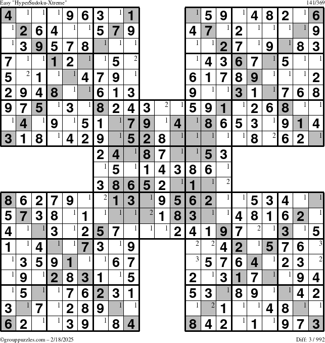 The grouppuzzles.com Easy HyperSudoku-Xtreme puzzle for Tuesday February 18, 2025 with the first 3 steps marked