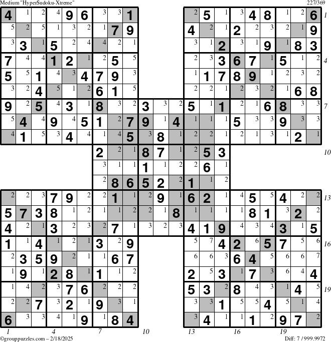 The grouppuzzles.com Medium HyperSudoku-Xtreme puzzle for Tuesday February 18, 2025 with all 7 steps marked