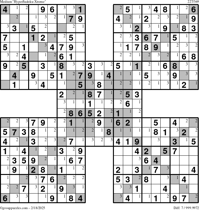 The grouppuzzles.com Medium HyperSudoku-Xtreme puzzle for Tuesday February 18, 2025 with the first 3 steps marked