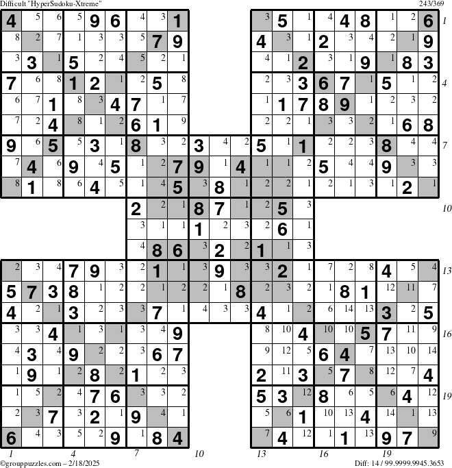 The grouppuzzles.com Difficult HyperSudoku-Xtreme puzzle for Tuesday February 18, 2025 with all 14 steps marked