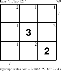 The grouppuzzles.com Easy TicTac-123 puzzle for Tuesday February 18, 2025 with all 2 steps marked