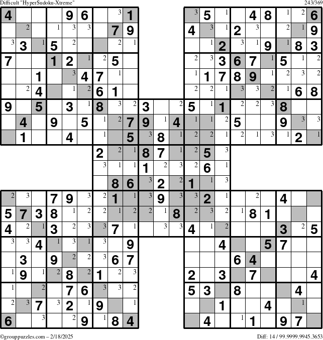 The grouppuzzles.com Difficult HyperSudoku-Xtreme puzzle for Tuesday February 18, 2025 with the first 3 steps marked