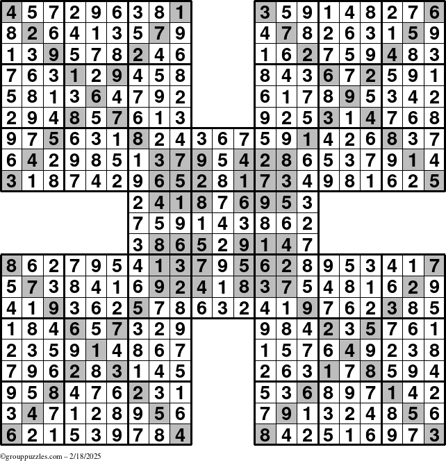 The grouppuzzles.com Answer grid for the HyperSudoku-Xtreme puzzle for Tuesday February 18, 2025