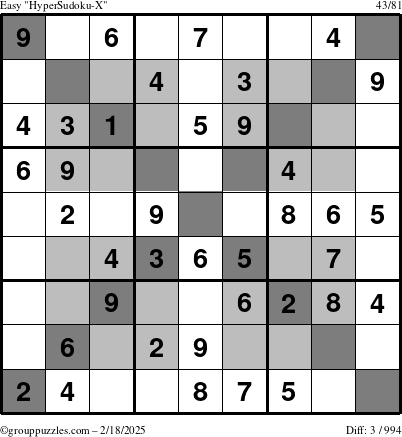 The grouppuzzles.com Easy HyperSudoku-X puzzle for Tuesday February 18, 2025