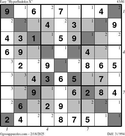 The grouppuzzles.com Easy HyperSudoku-X puzzle for Tuesday February 18, 2025 with all 3 steps marked