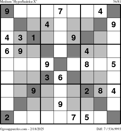 The grouppuzzles.com Medium HyperSudoku-X puzzle for Tuesday February 18, 2025