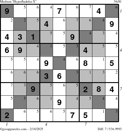 The grouppuzzles.com Medium HyperSudoku-X puzzle for Tuesday February 18, 2025 with all 7 steps marked