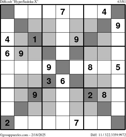 The grouppuzzles.com Difficult HyperSudoku-X puzzle for Tuesday February 18, 2025