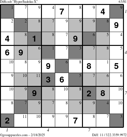 The grouppuzzles.com Difficult HyperSudoku-X puzzle for Tuesday February 18, 2025 with all 11 steps marked