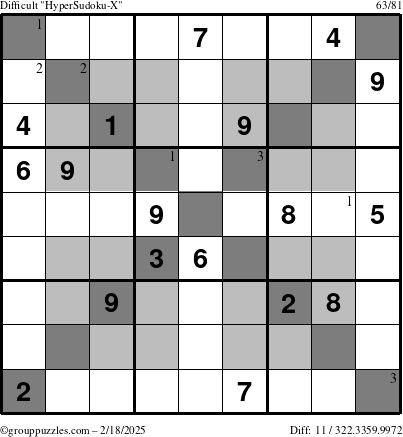 The grouppuzzles.com Difficult HyperSudoku-X puzzle for Tuesday February 18, 2025 with the first 3 steps marked