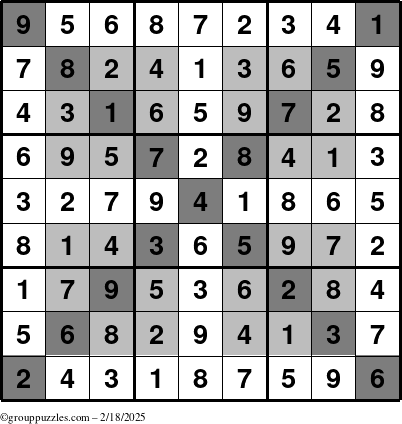 The grouppuzzles.com Answer grid for the HyperSudoku-X puzzle for Tuesday February 18, 2025