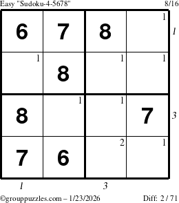 The grouppuzzles.com Easy Sudoku-4-5678 puzzle for Friday January 23, 2026, suitable for printing, with all 2 steps marked