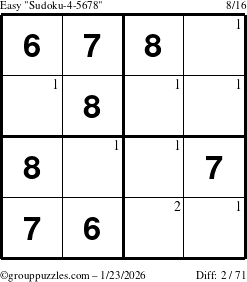 The grouppuzzles.com Easy Sudoku-4-5678 puzzle for Friday January 23, 2026 with the first 2 steps marked