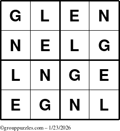 The grouppuzzles.com Answer grid for the Glen puzzle for Friday January 23, 2026
