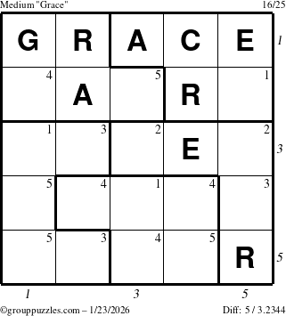The grouppuzzles.com Medium Grace puzzle for Friday January 23, 2026, suitable for printing, with all 5 steps marked
