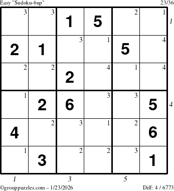 The grouppuzzles.com Easy Sudoku-6up puzzle for Friday January 23, 2026, suitable for printing, with all 4 steps marked