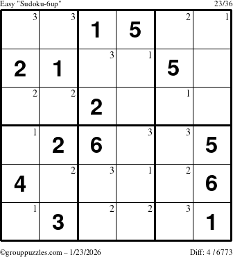 The grouppuzzles.com Easy Sudoku-6up puzzle for Friday January 23, 2026 with the first 3 steps marked