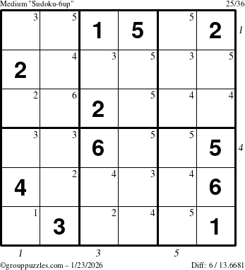 The grouppuzzles.com Medium Sudoku-6up puzzle for Friday January 23, 2026 with all 6 steps marked