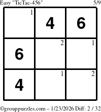 The grouppuzzles.com Easy TicTac-456 puzzle for Friday January 23, 2026 with the first 2 steps marked