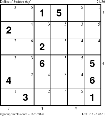 The grouppuzzles.com Difficult Sudoku-6up puzzle for Friday January 23, 2026 with all 6 steps marked