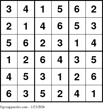 The grouppuzzles.com Answer grid for the Sudoku-6up puzzle for Friday January 23, 2026