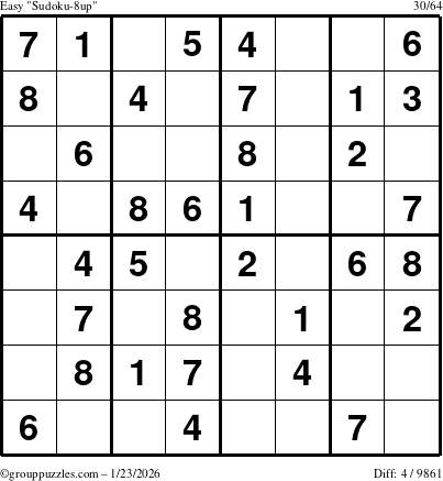 The grouppuzzles.com Easy Sudoku-8up puzzle for Friday January 23, 2026