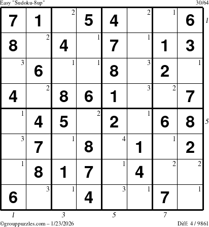 The grouppuzzles.com Easy Sudoku-8up puzzle for Friday January 23, 2026 with all 4 steps marked