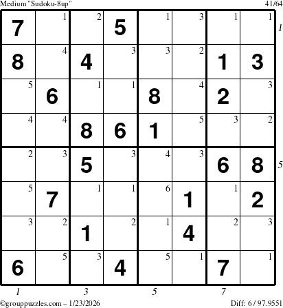 The grouppuzzles.com Medium Sudoku-8up puzzle for Friday January 23, 2026, suitable for printing, with all 6 steps marked