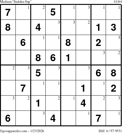 The grouppuzzles.com Medium Sudoku-8up puzzle for Friday January 23, 2026 with the first 3 steps marked