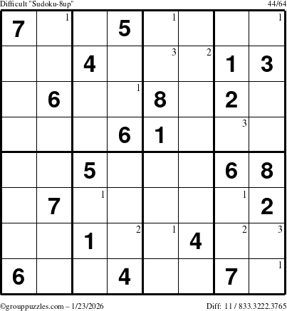 The grouppuzzles.com Difficult Sudoku-8up puzzle for Friday January 23, 2026 with the first 3 steps marked