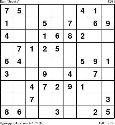 The grouppuzzles.com Easy Sudoku puzzle for Friday January 23, 2026