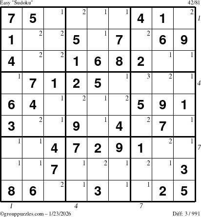 The grouppuzzles.com Easy Sudoku puzzle for Friday January 23, 2026, suitable for printing, with all 3 steps marked