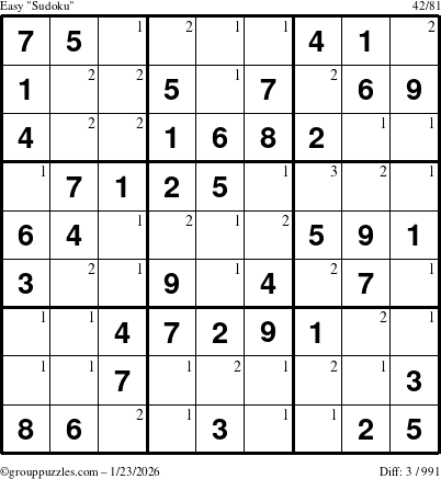 The grouppuzzles.com Easy Sudoku puzzle for Friday January 23, 2026 with the first 3 steps marked