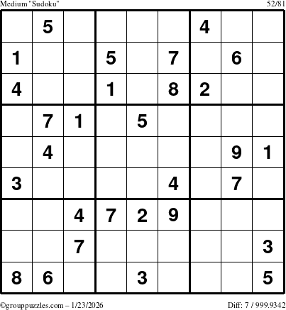 The grouppuzzles.com Medium Sudoku puzzle for Friday January 23, 2026