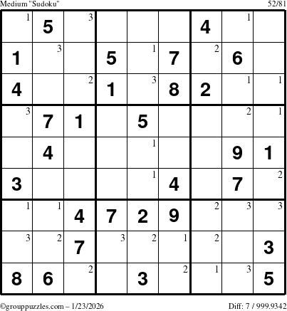 The grouppuzzles.com Medium Sudoku puzzle for Friday January 23, 2026 with the first 3 steps marked