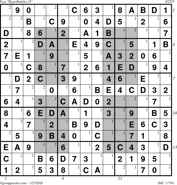 The grouppuzzles.com Easy HyperSudoku-15 puzzle for Friday January 23, 2026, suitable for printing, with all 3 steps marked