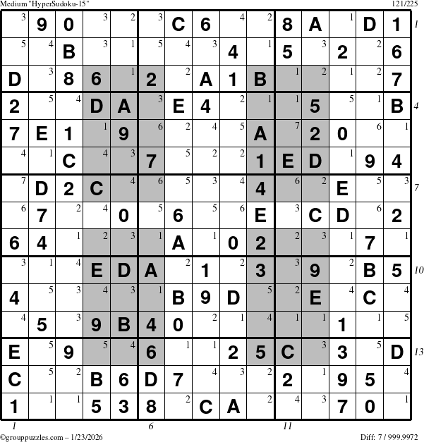 The grouppuzzles.com Medium HyperSudoku-15 puzzle for Friday January 23, 2026, suitable for printing, with all 7 steps marked