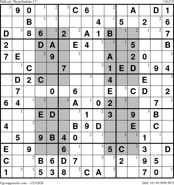 The grouppuzzles.com Difficult HyperSudoku-15 puzzle for Friday January 23, 2026 with the first 3 steps marked